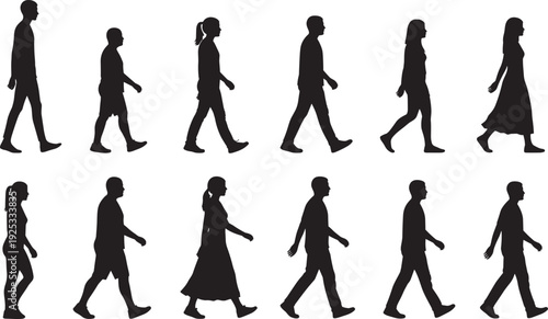 Silhouettes of diverse individuals walking in mid-stride, facing different directions, dressed in varied clothing styles, representing everyday lifestyle, pedestrian movement, diversity, and human 