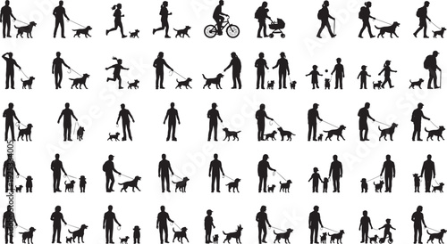 Silhouettes of people interacting with dogs in everyday activities, including walking, running, biking, and family scenes, symbolizing companionship, exercise, lifestyle, and social connection.