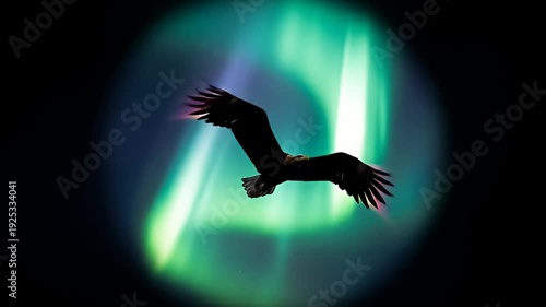 Dark bird soars with outspread wings against a swirling green and blue aurora backdrop