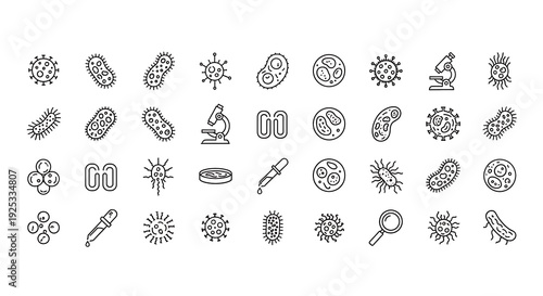 Biology research outline icons of pathogens germs and test tubes