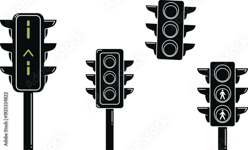 Professional traffic light vector set featuring vertical horizontal and pedestrian signal icons for urban road safety transportation and smart city infrastructure technical design