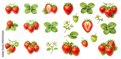 A charming watercolor collection of strawberry clipart, including ripe berries, halved strawberries, green leaves, white blossoms, and unripe fruit.