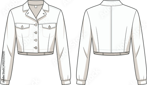 Cropped casual jacket fashion sketch with flap chest pockets, cuffed sleeves, collar, button front, CAD flat front and back view