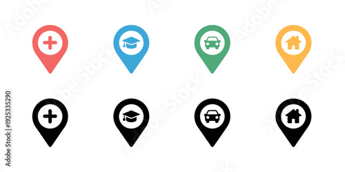 Colorful Location Pin Map Marker Icon Set with Hospital, Education, Car and Home Vector