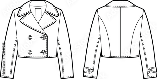 Cropped double-breasted jacket front and back flat sketch with wide lapel collar and button detail, technical fashion CAD drawing illustration
