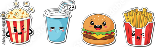 Kawaii Fast Food Sticker Set with Burger, Fries, Popcorn, and Soda