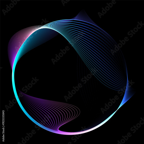 Abstract vector round shape of wavy lines flowing smooth curve colorful spectrum light on black background in concept of technology, science, music, modern.