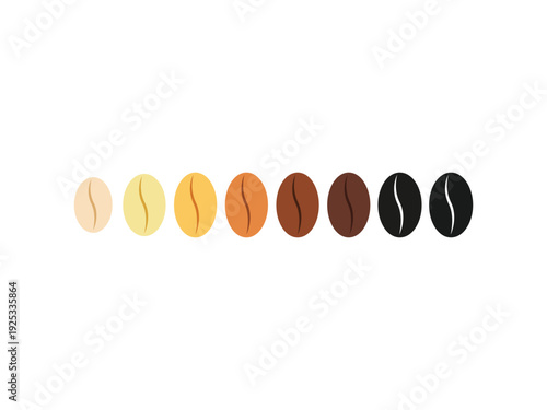 Row of seven coffee beans, illustrating a gradient from light to dark roast, symbolizing coffee flavors.