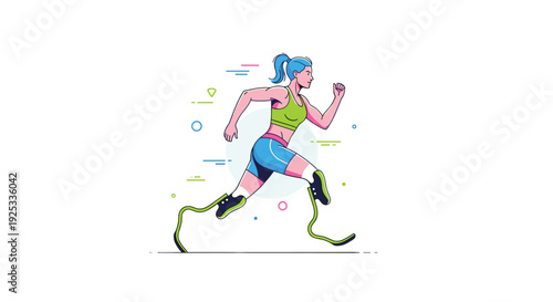 Colorful vector illustration of a female paraathlete with a prosthetic running blade sprinting against white.