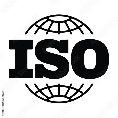 Vector of a globe with the text iso in bold black letters.