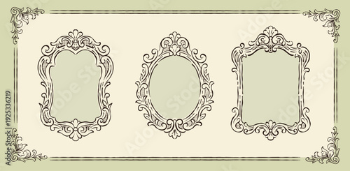 Vintage Frame set. Collection of line Black Mirror Sketches with wavy, curly edges. Ornaments, cute retro borders design for a card, invitation, or cover. La dolce vita style