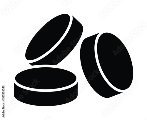 Vector of three black circular hockey pucks arranged in a stacked formation