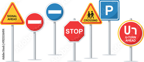 Traffic Road Signs Collection with Stop, No Entry, Parking and Warning Symbols Vector Set
