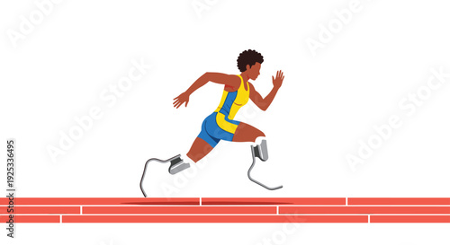 Vector illustration of a female paraathlete with a prosthetic running blade sprinting on a red textured track.