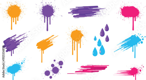 Colorful paint splatter and drip vector set featuring vibrant ink blots artistic brush strokes and creative spray paint elements for modern graphic design