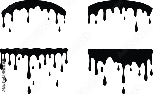 Dripping slime silhouettes vector set, melting liquid shapes, black paint drip icons, horror slime border elements, goo design illustration