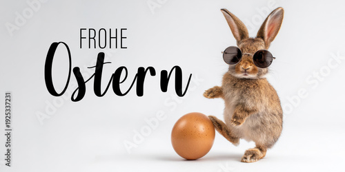 Frohe Ostern Konzept, Ferien Feiertag Grußkarte, Karte mit deutschem Text - Lustiger Osterhase Feldhase Hase mit Sonnenbrille und Ei, Osterei, isoliert auf weissem Hintergrund