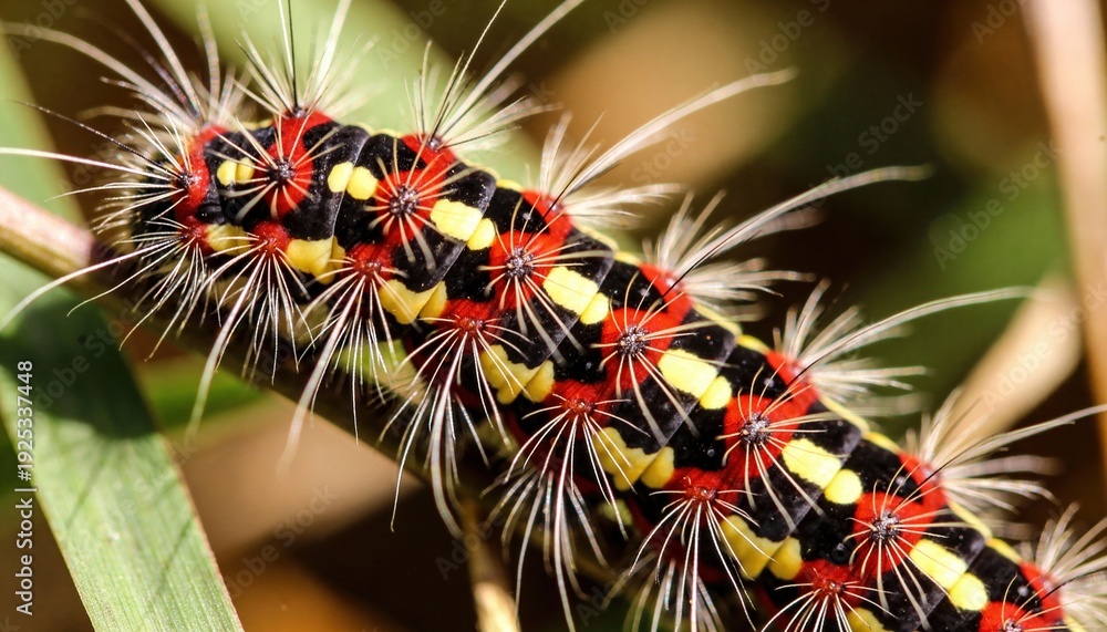 Obraz premium Close-up of a colorful caterpillar with black, yellow, red, and white markings covered in long spines crawling on green grass du daylight
