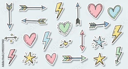 Hand Drawn Arrows Hearts and Lightning Bolts Stickers Collection.