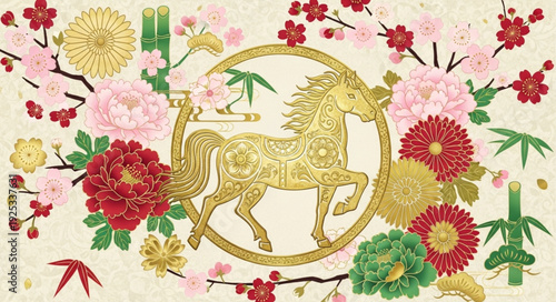 Golden Horse surrounded by Flowers and Bamboo.
