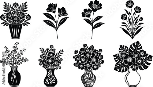 Floral vase silhouette collection, decorative flower illustrations, botanical art design, nature elements, garden lifestyle, blooming plants, home decor vector, organic beauty