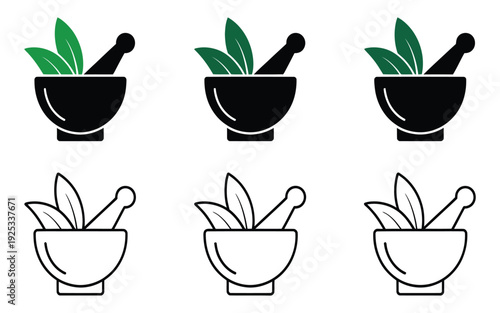 Herbal icon set, mortar and pestle with leaves, wellness, natural healing, organic medicine, vector
