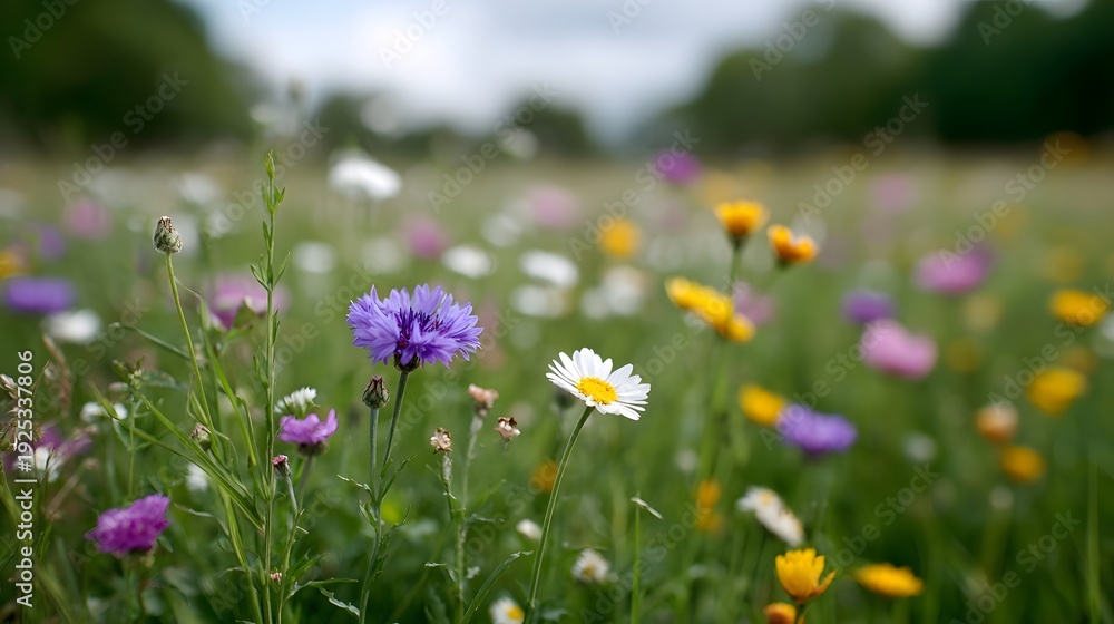 Obraz premium A close up view of a vibrant meadow filled with colorful wildflowers set against a soft blurred background