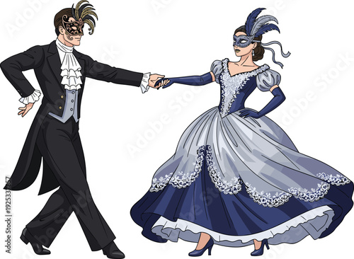 Elegant masquerade couple dancing in vintage ballroom attire, wearing masks, formal gown and tuxedo, romantic dance performance, historical costume celebration