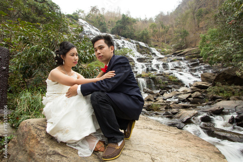 Portrait Wedding on huge Mae Ya waterfall Wedding in Asia