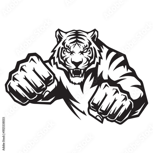 Aggressive Tiger Illustration with Clenched Fists and Bold Lines