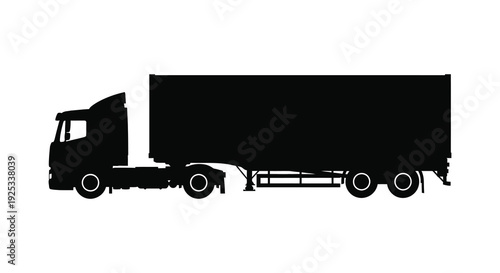 A stark black silhouette of a commercial transport truck showcasing its side profile and detailing silhouette high quality