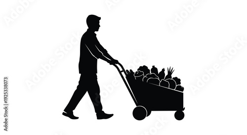 A man is pushing a shopping cart filled with produce depicted as a stark dramatic silhouette high quality