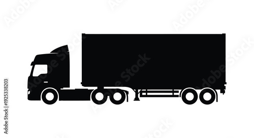 A stark black silhouette of a large commercial truck with a box trailer clearly defined against a white background silhouette
