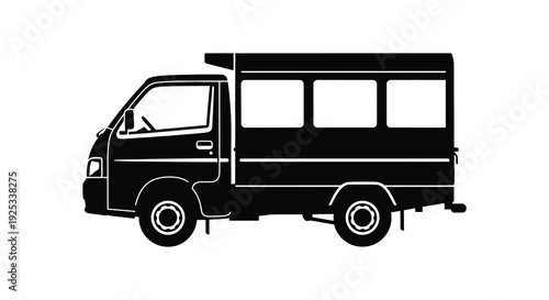 A simplified black depiction of a campervan with a raised roof showcasing its boxy form silhouette