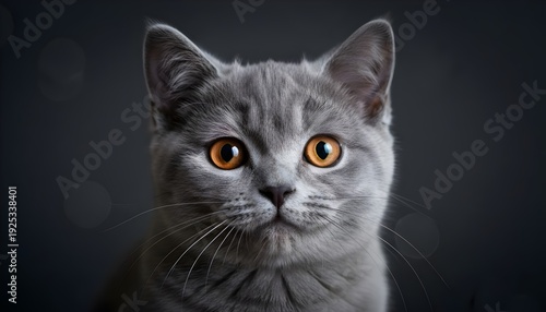 Close up portrait of a gray british shorthair cat with striking orange eyes on dark background