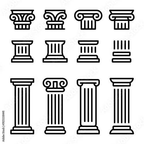 Ancient Column Pillar Icons, Architecture Line Vector Set