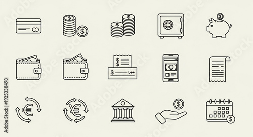 Financial Icons Set Featuring Money and Banking Symbols.