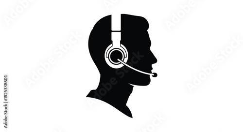 A stark black silhouette depicts a man wearing headphones with a microphone representing communication and customer service silhouette