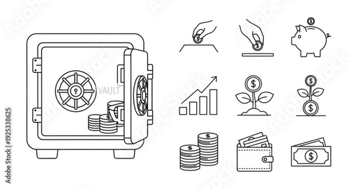Financial Icons Collection Representing Savings and Security.