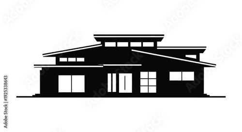 A striking black silhouette of a modern house with geometric shapes and a flat roofline silhouette high quality
