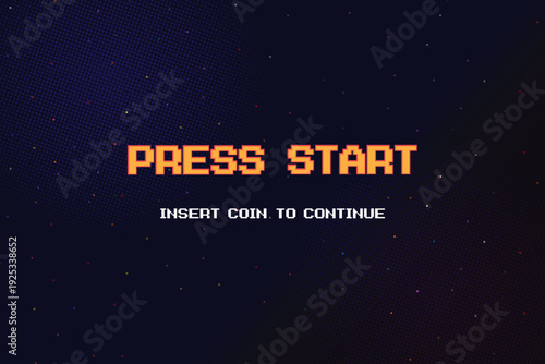 PRESS START. insert coin to continue. pixel art 8 bit. Retro Futurism Sci-Fi Background glowing neon grid. and stars from vintage arcade computer games