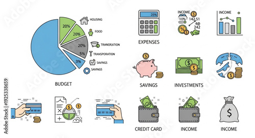 Financial Icons Representing Budgeting and Savings.