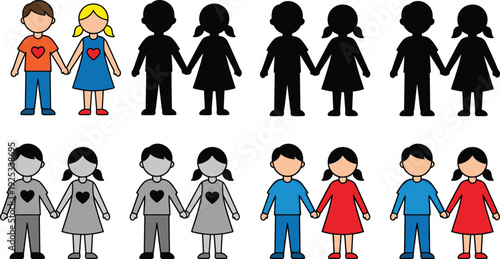 Collection of young boy and girl holding hands icons in color, silhouette, and grayscale styles, flat vector illustration, childhood friendship.