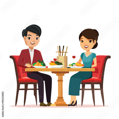 Couple enjoying dinner at a restaurant vector illustration