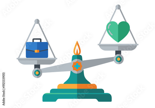 A balanced scale visually represents work and life. A briefcase and heart are equally weighted, symbolizing harmony. Modern, flat design illustration.