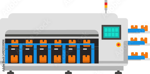 An automated sorting machine processes packages. Clean, modern design with a digital display. Ideal for business, technology, and logistics visuals.