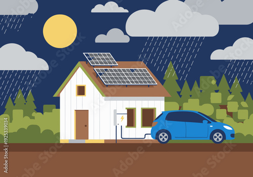 A charming off-grid home features solar panels and an EV charging station, providing energy backup under a starry night. A car is parked nearby. Modern, sustainable living.