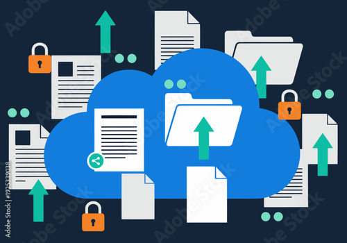 Cloud files sync asynchronously, secured by locks, ascending to a blue cloud. Modern, digital sharing illustration. Ideal for business and technology concepts.