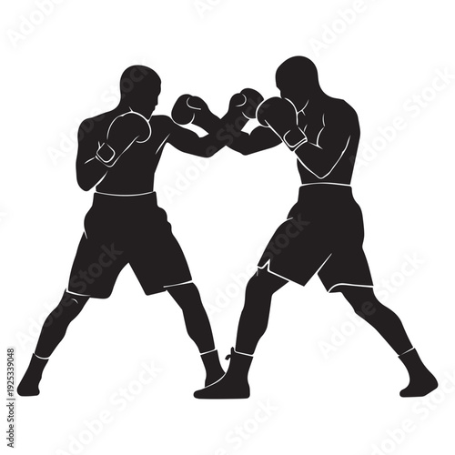 Two Boxers Facing Off in Fighting Stance, Silhouette Illustration, White Background