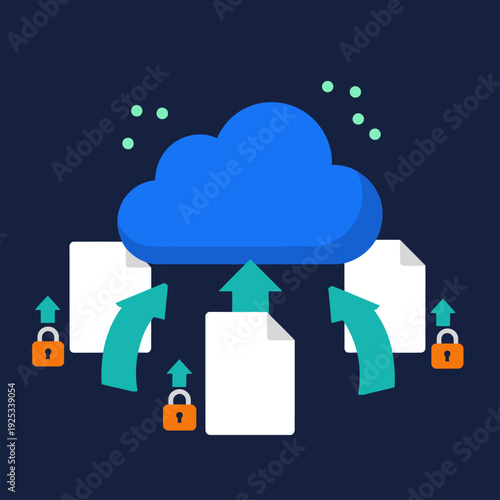 Cloud Share Async Files: Secure file sharing visualized with a stylized cloud and documents. Modern, digital, and commercially viable.